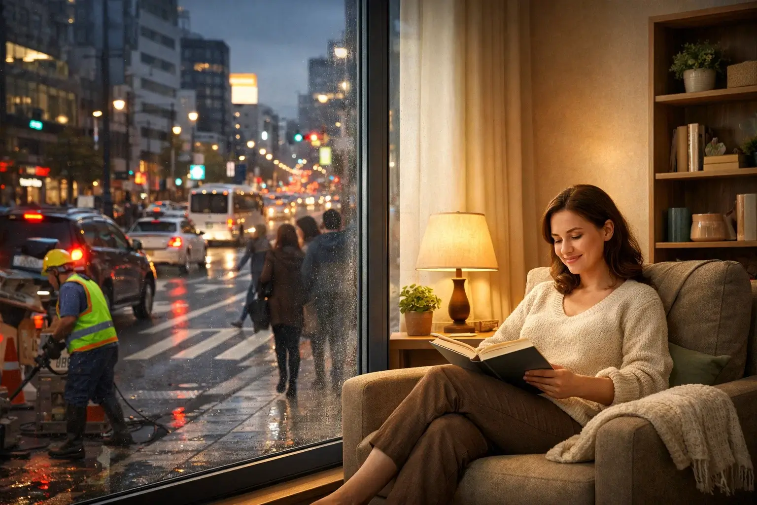 Женщина отдыхает в тихой комнате на фоне шумной городской улицы за окном