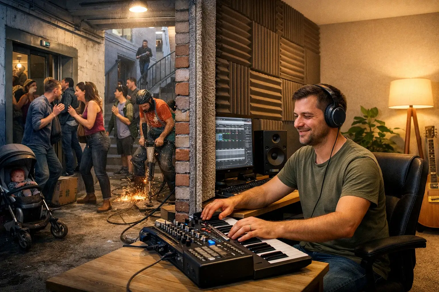 Музыкант в тихой студии рядом с шумным городским пространством