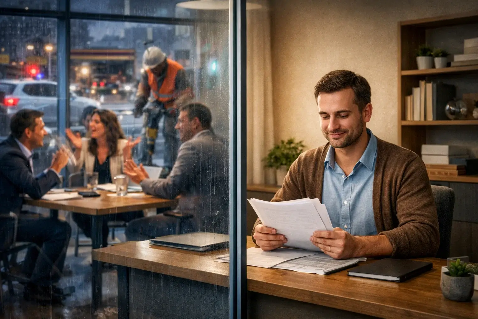 Сосредоточенная работа в офисе при шуме за стеклянной перегородкой