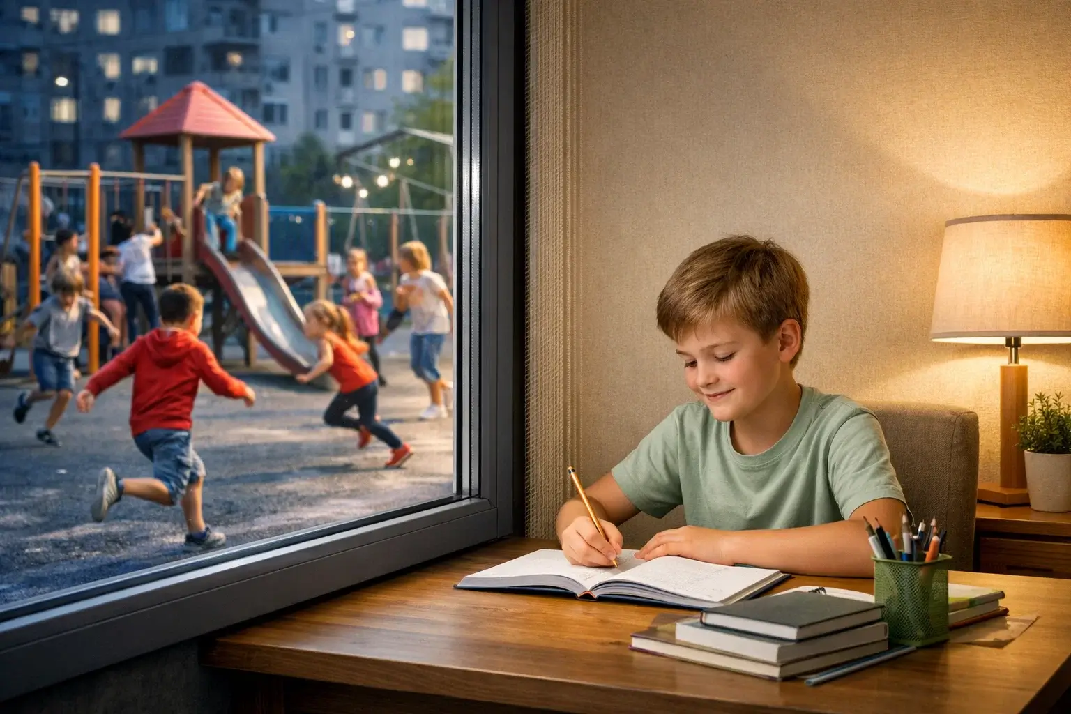 Ребёнок делает уроки в тихой комнате на фоне шумного двора