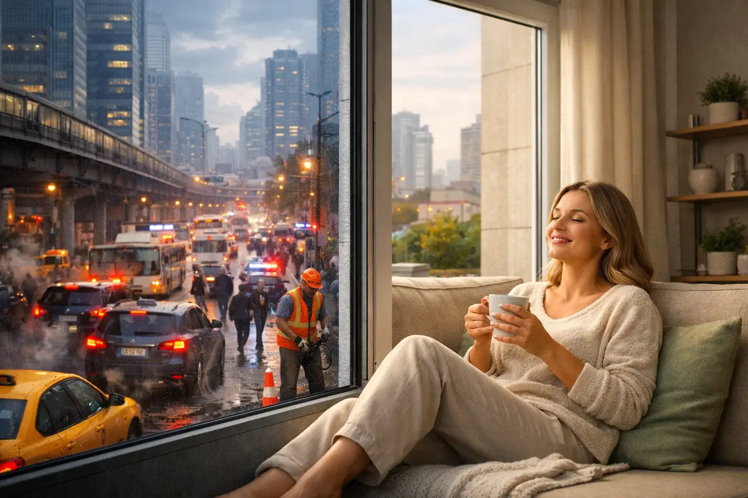Утренний отдых в тихой квартире на фоне шумного города