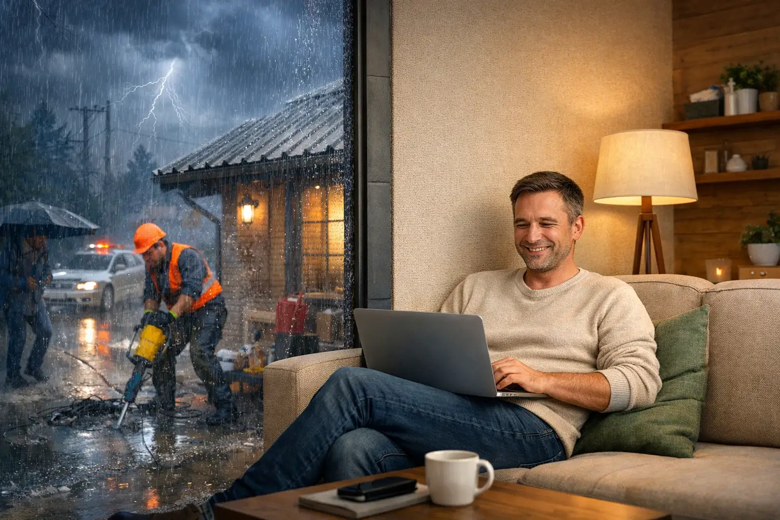 Работа в тишине загородного дома во время дождя