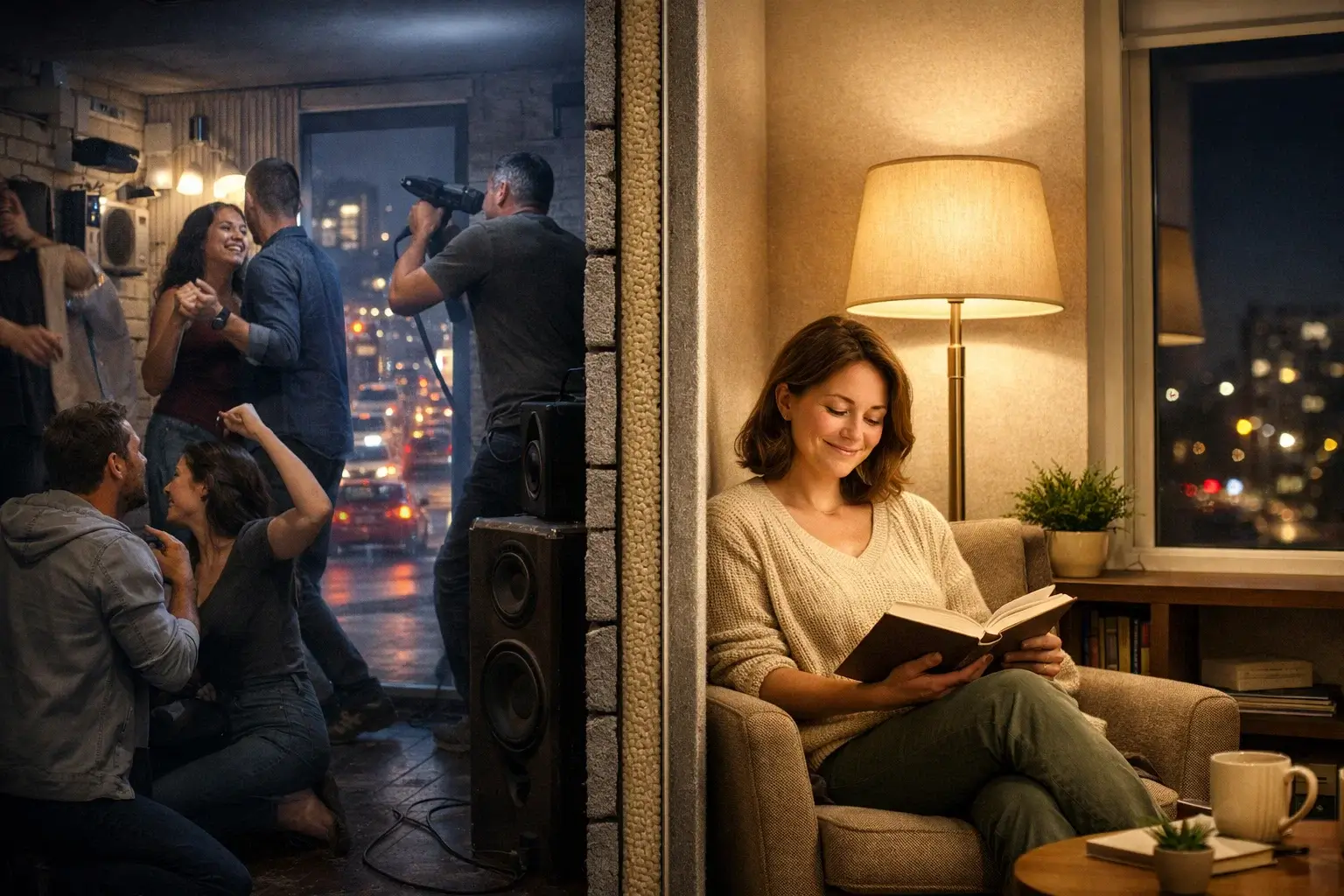 Вечернее чтение в тихой комнате на фоне шумной ночной улицы