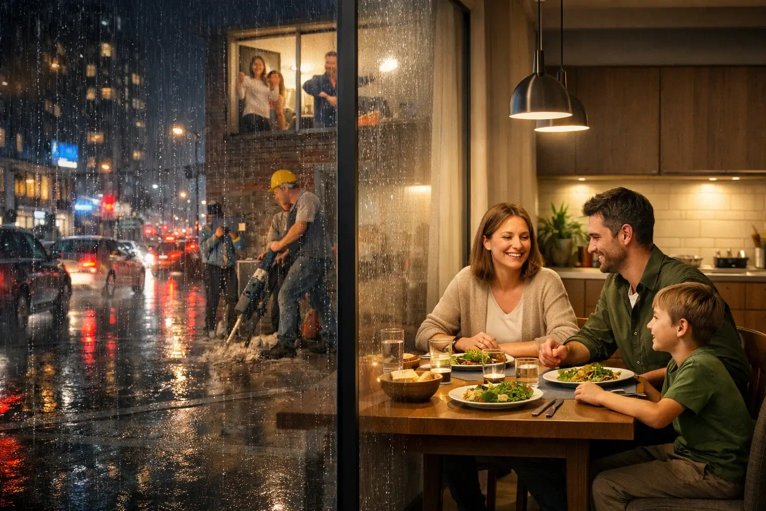 Спокойный семейный ужин в квартире на фоне шумного дождливого города
