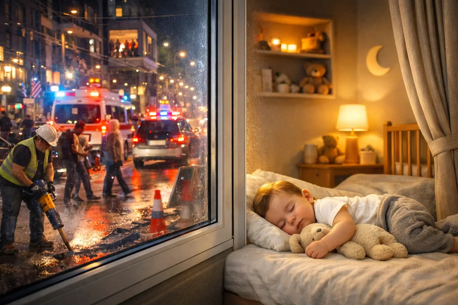 Спящий ребёнок в тихой комнате при шумной улице за окном