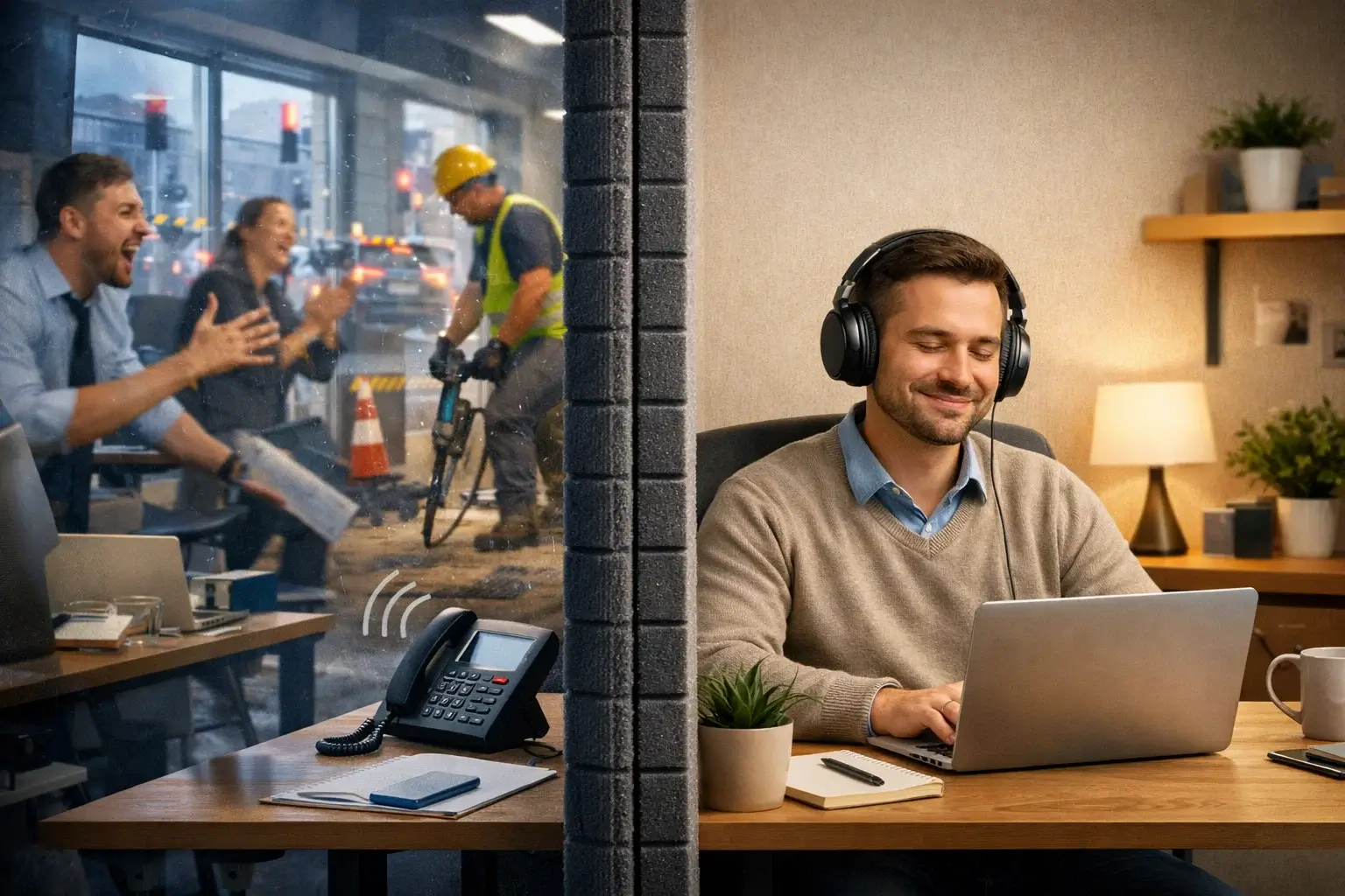 Сотрудник работает в тихой зоне офиса рядом с шумным пространством