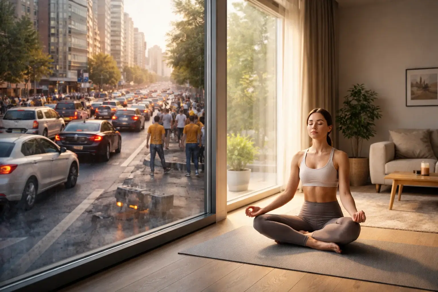 Йога в тихой квартире на фоне шумного утреннего города