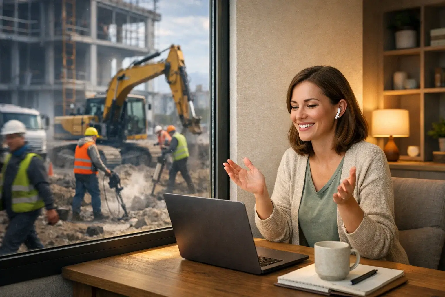 Онлайн-звонок в тихом помещении при шумной стройке за окном