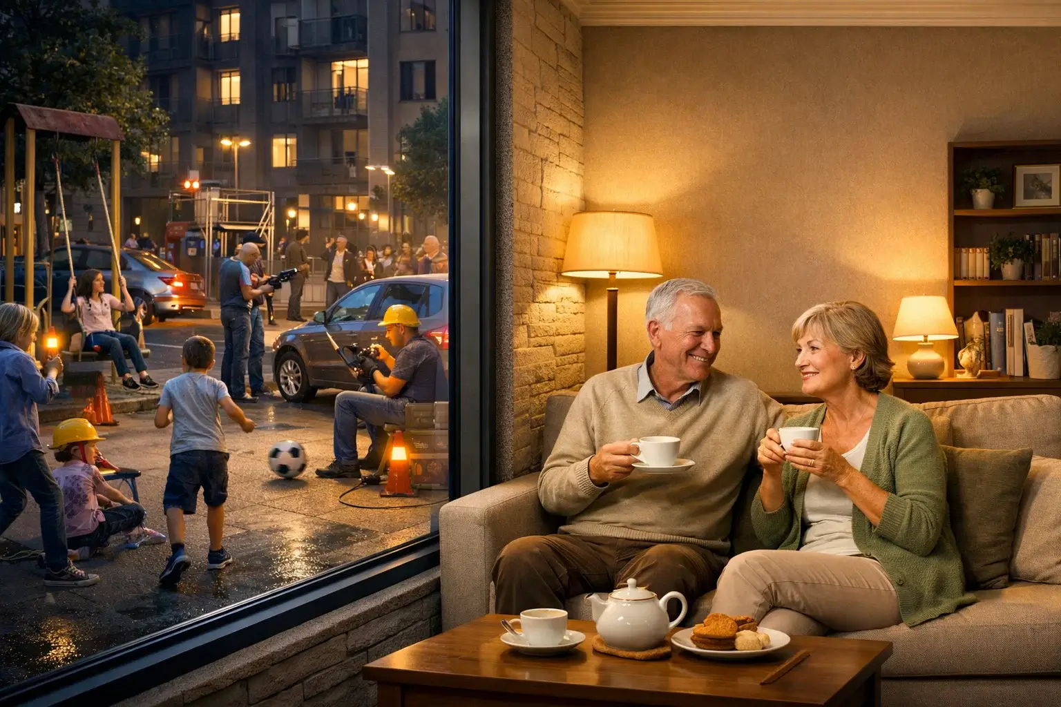 Спокойный вечер дома на фоне шумного двора за окном